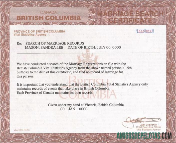 Imprimível modelo de certidão de casamento da Colúmbia Britânica do Canadá em formato PSD